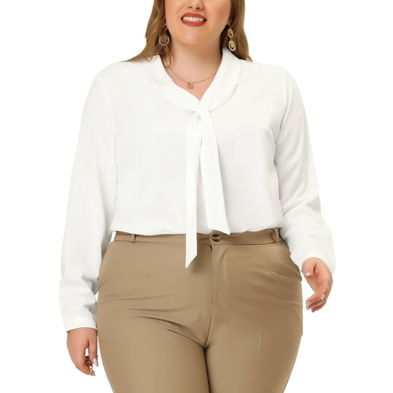 Agnes Orinda Women's Plus Size Tie V Neck Long Sleeve Wear-to-Work Chiffon Shirt 1X White