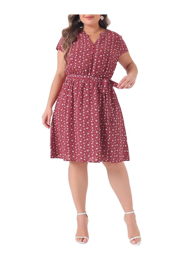Women's Plus Size St. Patrick's Day Summer Dress Short Sleeves V-Neck Floral Midi Dresses 2X Red