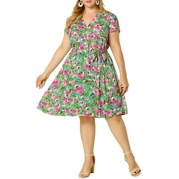 GRACE & GRANDEUR Women's Plus Size Summer Dress Short Sleeves V-Neck Floral Midi Dresses 3X Olive Green