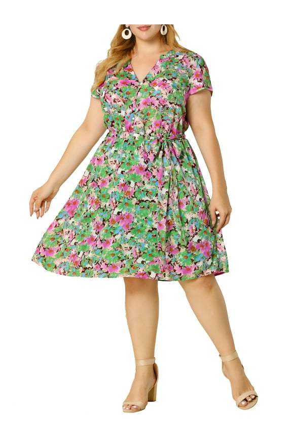 Women's Plus Size St. Patrick's Day Summer Dress Short Sleeves V-Neck Floral Midi Dresses 3X Olive Green