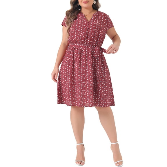 GRACE & GRANDEUR Women's Plus Size Summer Dress Short Sleeves V-Neck Floral Midi Dresses 3X Red