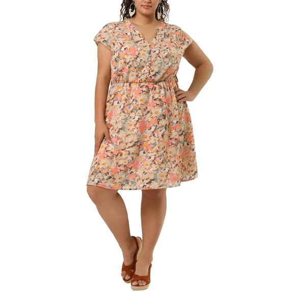 GRACE & GRANDEUR Women's Plus Size Summer Dress Short Sleeves V-Neck Floral Midi Dresses 4X Pink
