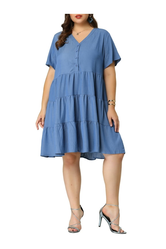Women's Plus Size Tiered Babydoll Short Sleeves Chambray Midi Dresses 2X Blue