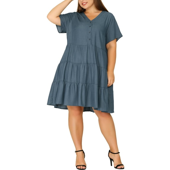 Agnes Orinda Women's Plus Size Tiered Babydoll Short Sleeves Chambray Midi Dresses 3X Grey Black
