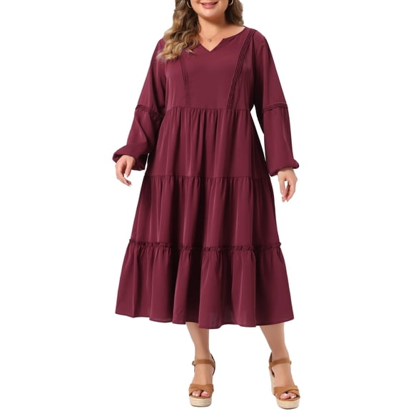 Agnes Orinda Women's Plus Size Halloween Outfits Tiered Dresses Pleated Front Split V Neck Long Sleeve Ruffle Layered Vacation Flowy Midi Dress 2X Burgundy