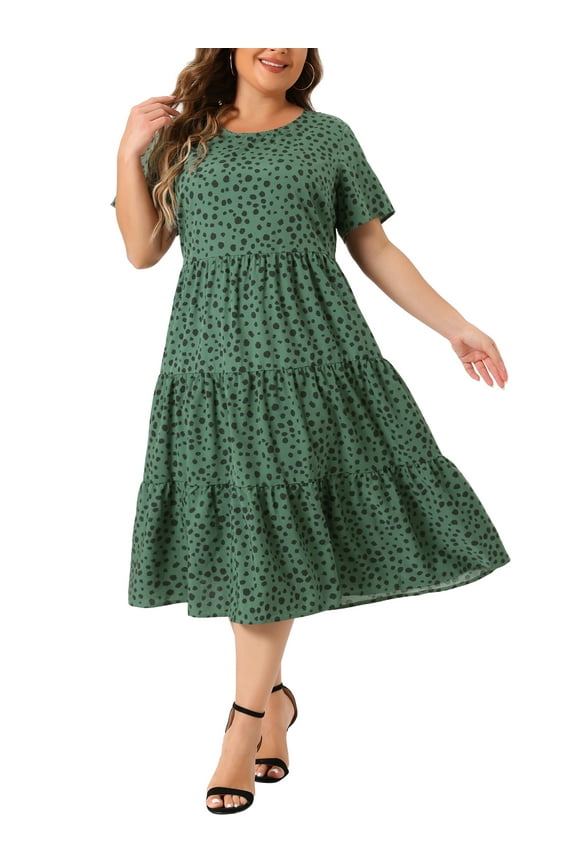 Women's Plus Size St. Patrick's Day Dresses Tiered Polka Dots Short Sleeves Babydoll Midi Dresses 1X Dark Green