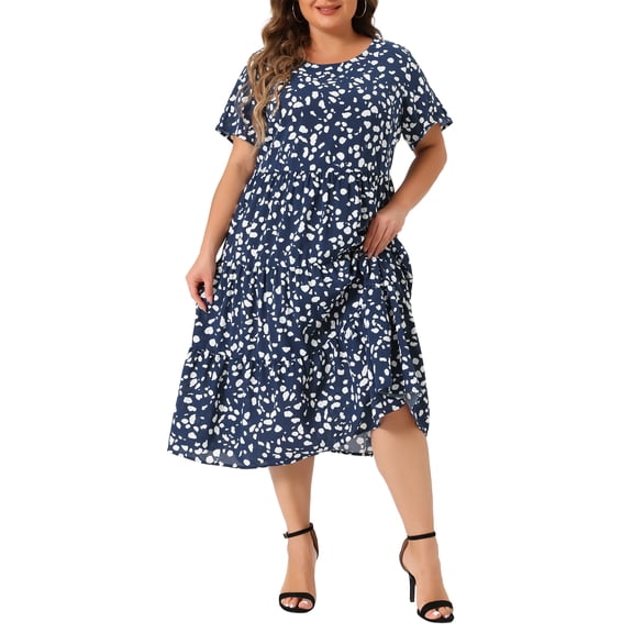 GRACE & GRANDEUR Women's Plus Size Polka Dot Midi Dress Short Sleeve Tiered Ruffle Babydoll Sundress with Elastic Waist 2X Dark Blue