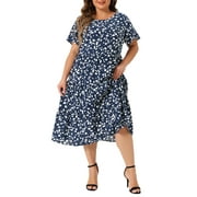 AGNES ORINDA Women's Plus Size Dresses Tiered Polka Dots Short Sleeves Babydoll Midi Dresses 3X Dark Blue