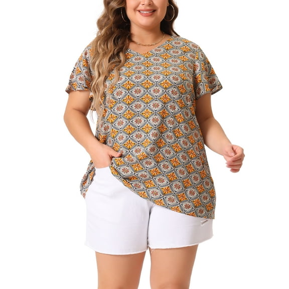 Agnes Orinda Women's Plus Size Tips Stripes Round Neck Short Sleeve Shirts Boho Summer Blouses