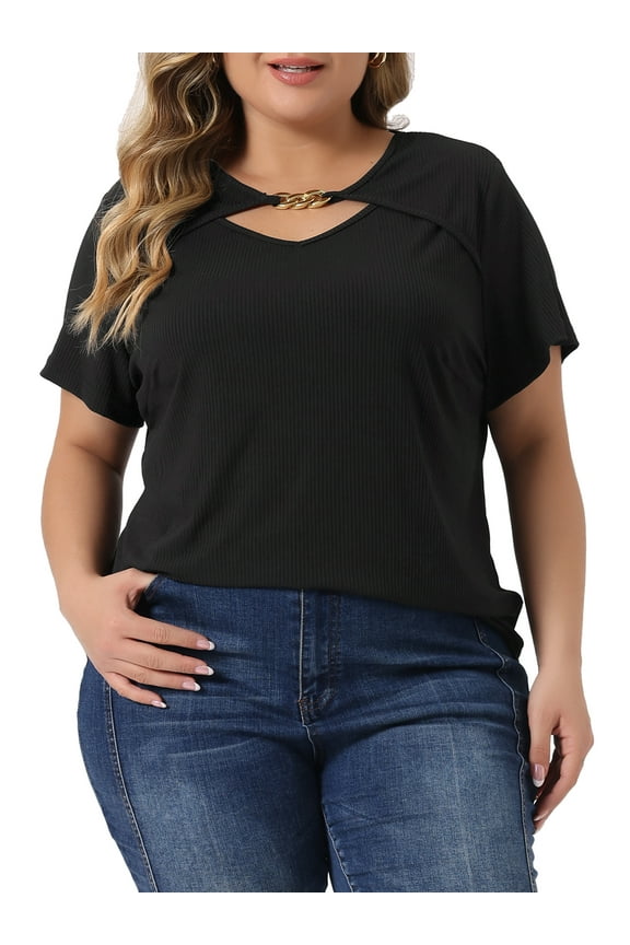 Women's Plus Size Top Basic Short Sleeve Metal Chain Crop Cutout Front T-Shirts