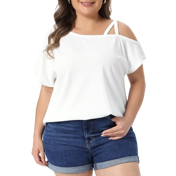 Agnes Orinda Women's Plus Size Top Boat Neck Criss Cross Off One Shoulder Short Sleeve T-Shirts Summer Casual Knit Blouses 1X White