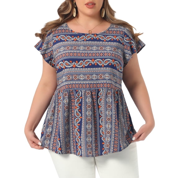 Flowral Top Agnes Orinda Women's Plus Size Top Boho Floral Printed Round Neck ...