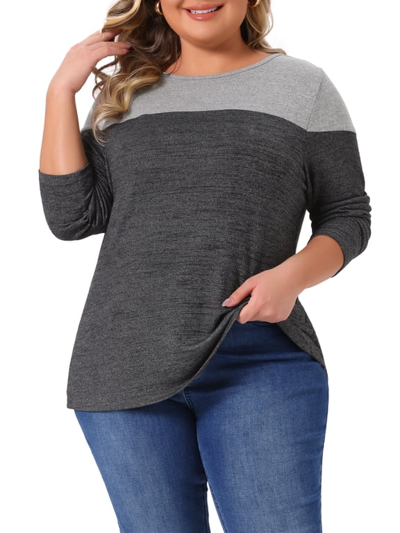 Women's Plus Size Top Color Block Crewneck Long Sleeve Knitted Casual Loose Pullover Blouse 2X Dark Grey