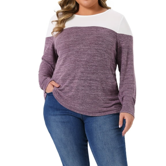 Agnes Orinda Women's Plus Size Top Color Block Crewneck Long Sleeve Knitted Casual Loose Pullover Blouse 2X Purple