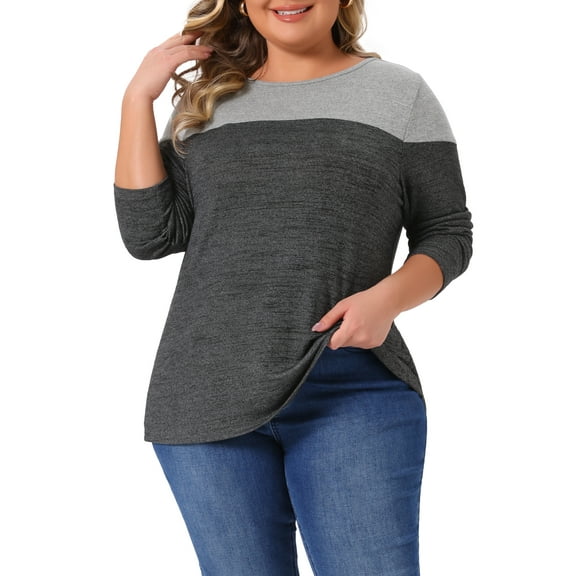 Agnes Orinda Women's Plus Size Top Color Block Crewneck Long Sleeve Knitted Casual Loose Pullover Blouse 4X Dark Grey