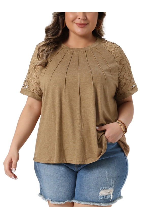 Women's Plus Size Top Crew Neck Lace Short Sleeve Blouse Pleated Dressy Casual Tunic t Shirts 1X Camel
