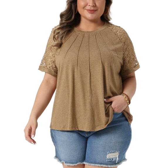 Agnes Orinda Women's Plus Size Top Crew Neck Lace Short Sleeve Blouse Pleated Dressy Casual Tunic t Shirts 1X Camel