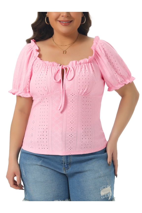 Women's Plus Size Top Eyelet Embroidery Square Neck Bow Tie Front Short Sleeve Summer Cute Crop Blouse 3X Pink
