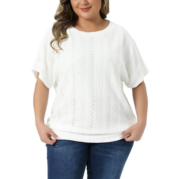 Agnes Orinda Women's Plus Size Top Eyelet Hollow Double Layered Hem Crew Neck Batwing Sleeve t Shirts Casual Summer Blouses 2X White