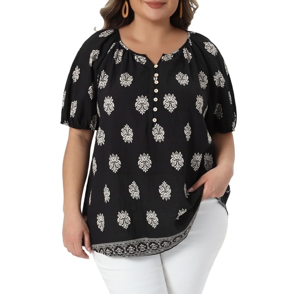 Agnes Orinda Women's Plus Size Top Floral Boho Button Down V Neck Shirts Short Sleeve Summer Casual Tunic Blouses 1X Black