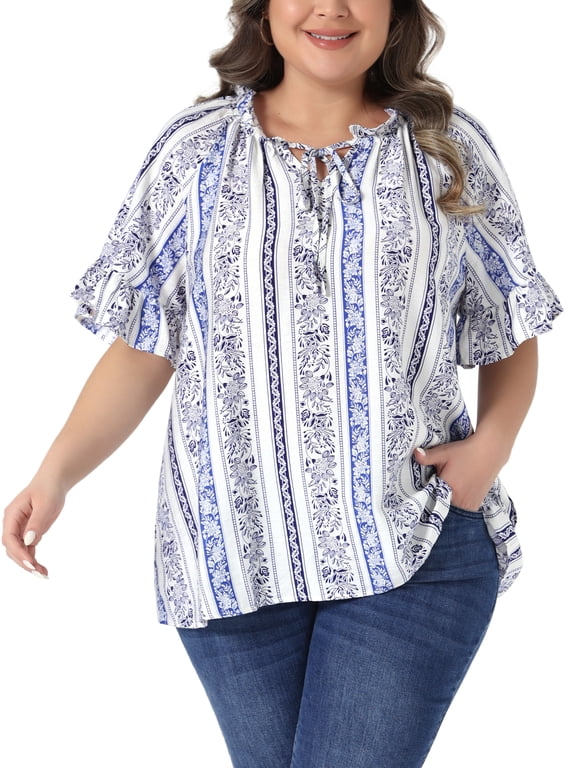 Women's Plus Size Top Floral Print Shirts V Neck Flared Short Sleeve Summer Casual Blouses 1X Blue