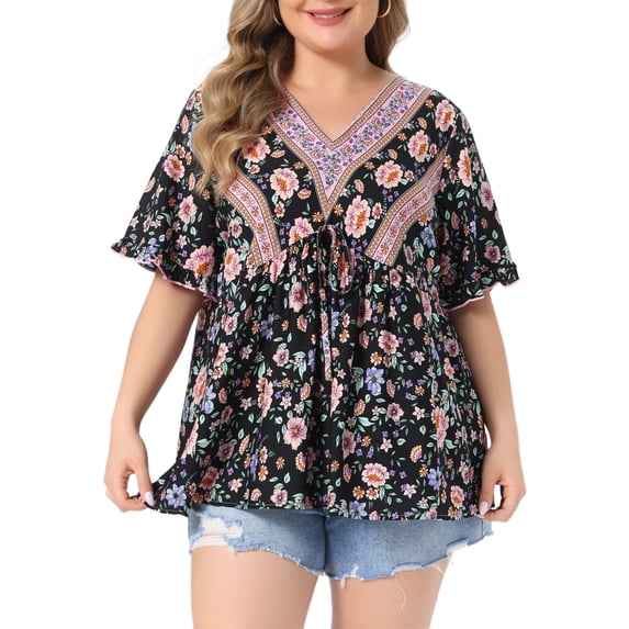 Agnes Orinda Women's Plus Size Top Floral Print V Neck Ruffled Short Sleeve Shirts Boho Pleated Casual Summer Flowy Blouses 2X Black