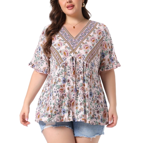 Agnes Orinda Women's Plus Size Top Floral Print V Neck Ruffled Short Sleeve Shirts Boho Pleated Casual Summer Flowy Blouses 4X Light Pink