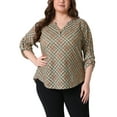 thumbnail image 1 of Agnes Orinda Women's Plus Size Top Flowy Plaid Back Pleated V Neck 3/4 Sleeves Casual Tunic Blouses 1X Khaki, 1 of 7
