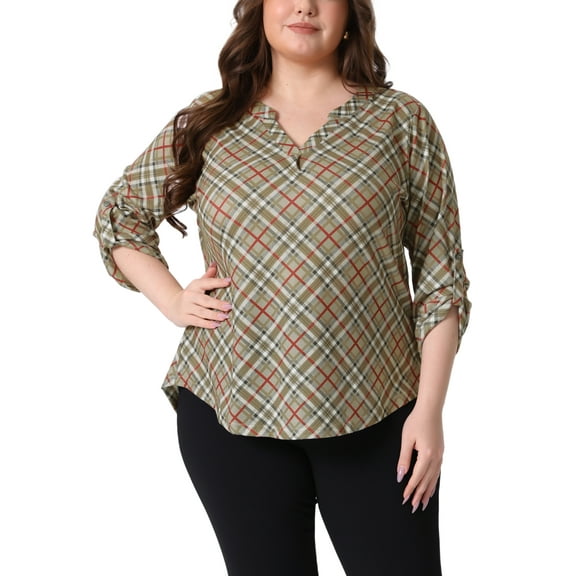 Agnes Orinda Women's Plus Size Top Flowy Plaid Back Pleated V Neck 3/4 Sleeves Casual Tunic Blouses 1X Khaki