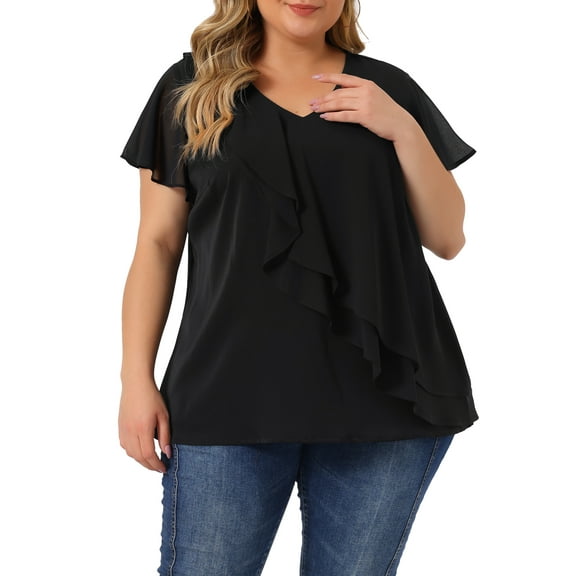 Agnes Orinda Women's Plus Size Top Flutter Sleeve V Neck Layered Ruffle Blouses 1X Black