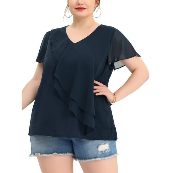 Agnes Orinda Women's Plus Size Top Flutter Sleeve V Neck Layered Ruffle Blouses 1X Navy Blue