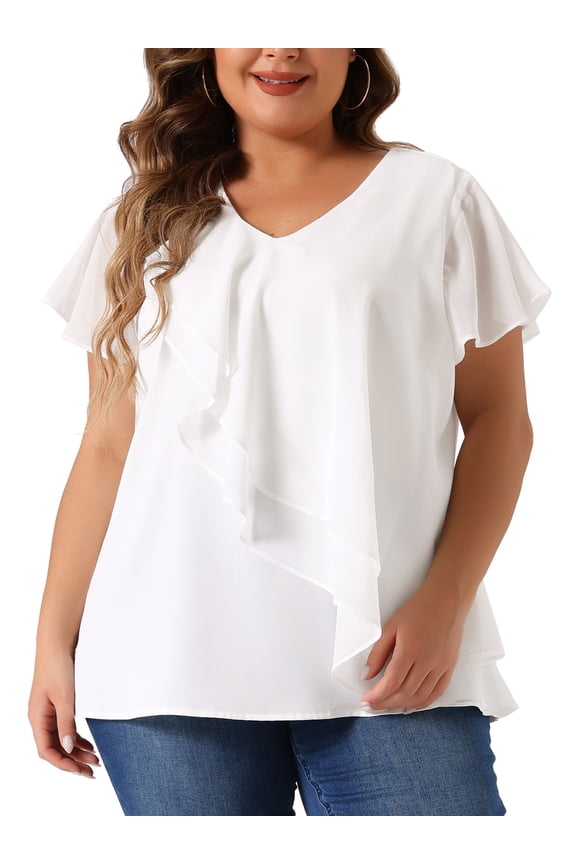 Women's Plus Size Top Flutter Sleeve V Neck Layered Ruffle Blouses 1X White