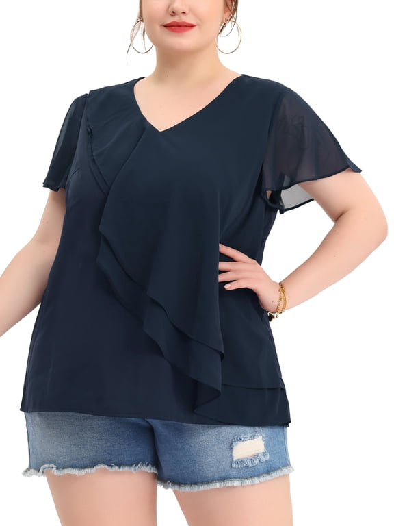 Women's Plus Size Top Flutter Sleeve V Neck Layered Ruffle Blouses 2X Navy Blue