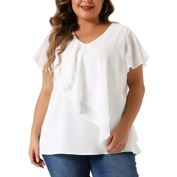 Agnes Orinda Women's Plus Size Top Flutter Sleeve V Neck Layered Ruffle Blouses 2X White