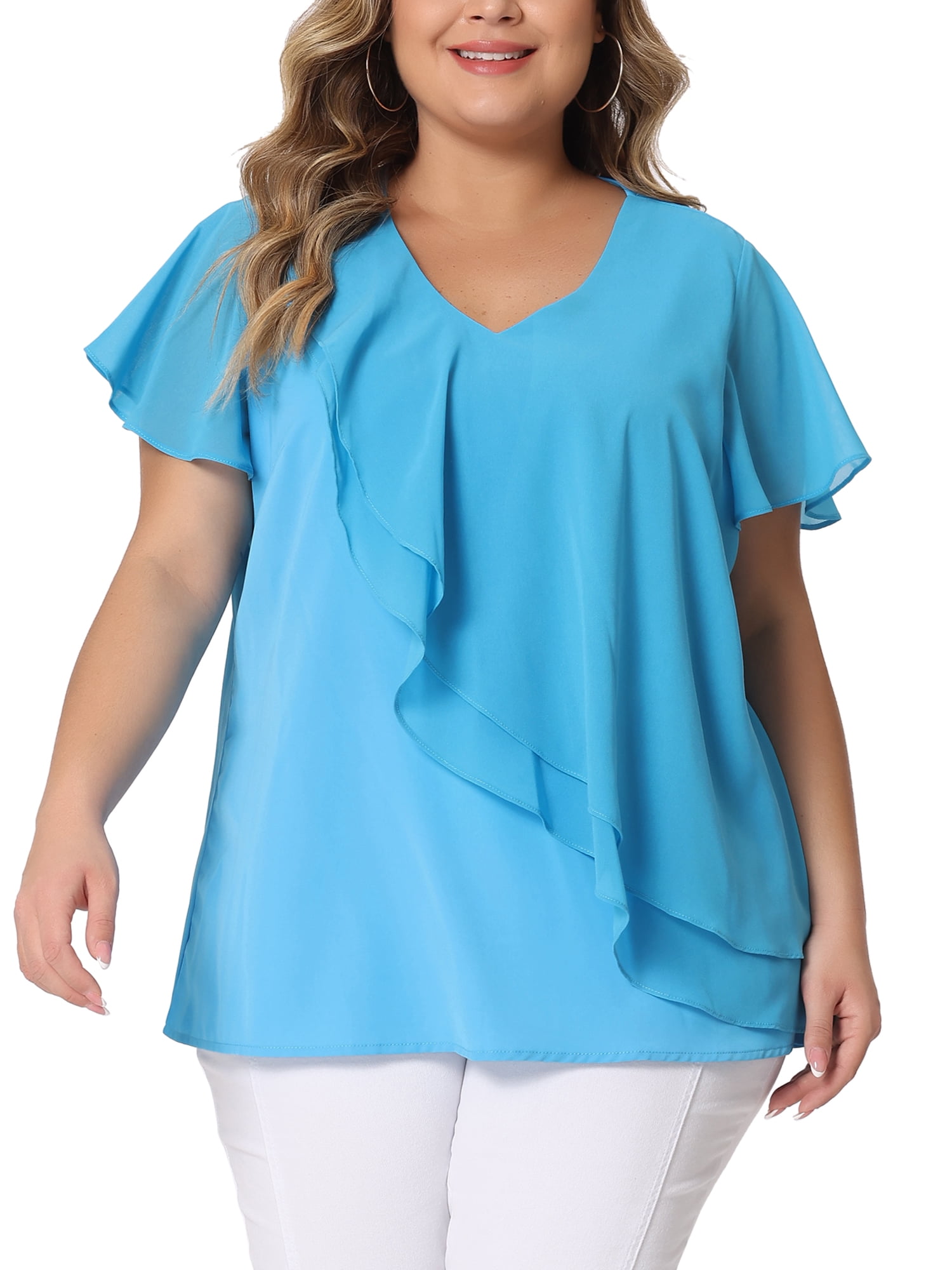 Agnes Orinda Women's Plus Size Top Flutter Sleeve V Neck Layered Ruffle ...