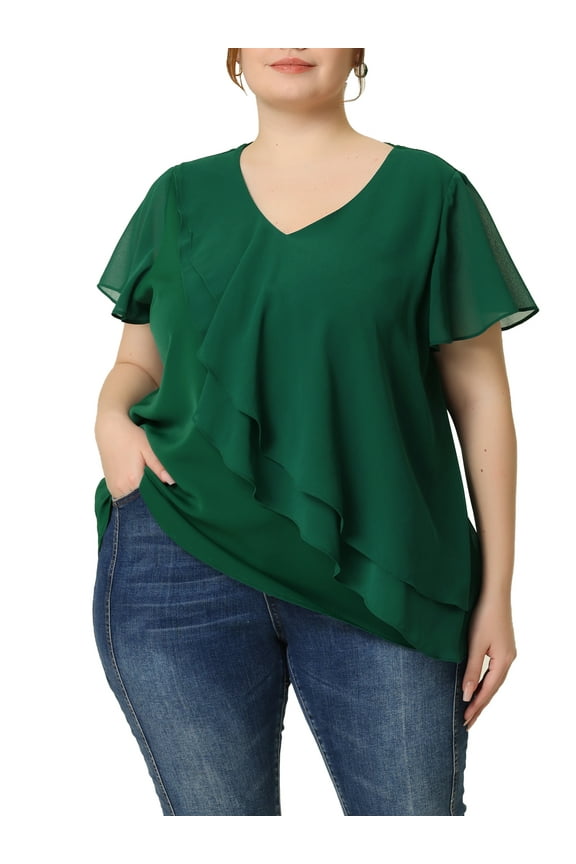 Women's Plus Size Top Flutter Sleeve V Neck Layered Ruffle Blouses 3X Green
