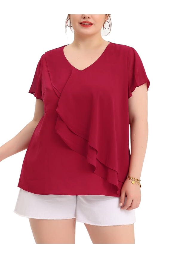 Women's Plus Size Top Flutter Sleeve V Neck Layered Ruffle Blouses 4X Burgundy