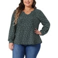 thumbnail image 1 of Agnes Orinda Women's Plus Size Top Long Sleeve Pleated Notch V Neck Floral Tunic Dressy Casual Blouses 1X Black Blue, 1 of 6