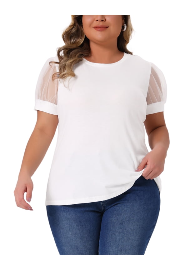Women's Plus Size Top Mesh Short Sleeve Crew Neck T Shirt Solid Casual Blouse 2025 1X White