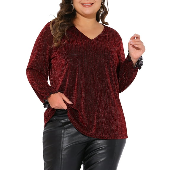 Agnes Orinda Women's Plus Size Top Metallic Party Glitter Long Sleeve Shiny Disco Sparkle Blouses Tops 3X Red