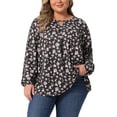thumbnail image 1 of Agnes Orinda Women's Plus Size Top Pleated Keyhole Neck Floral Shirts Long Sleeve Casual Tunic Blouse 1X Black, 1 of 5