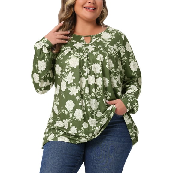 Agnes Orinda Women's Plus Size Top Pleated Keyhole Neck Floral Shirts Long Sleeve Casual Tunic Blouse 2X Army Green