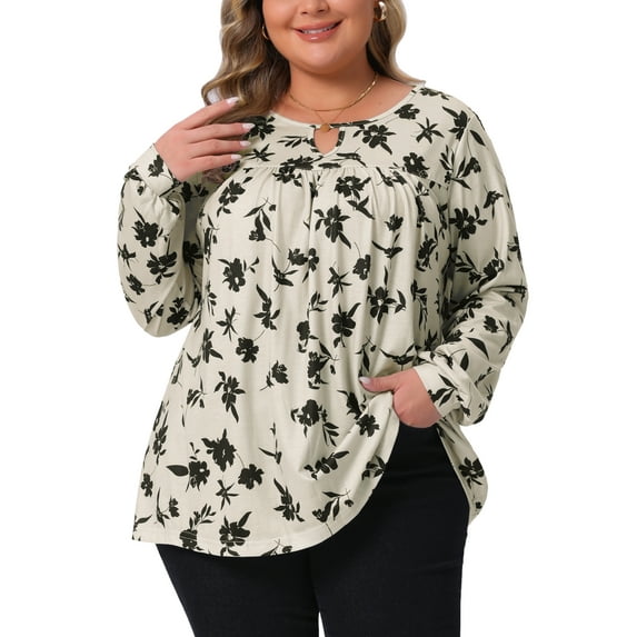Agnes Orinda Women's Plus Size Top Pleated Keyhole Neck Floral Shirts Long Sleeve Casual Tunic Blouse 3X Beige