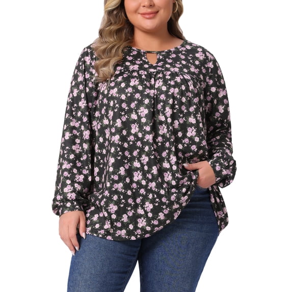 Agnes Orinda Women's Plus Size Top Pleated Keyhole Neck Floral Shirts Long Sleeve Casual Tunic Blouse 3X Black