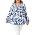 thumbnail image 1 of Agnes Orinda Women's Plus Size Top Pleated Keyhole Neck Floral Shirts Long Sleeve Casual Tunic Blouse 3X Blue, 1 of 5