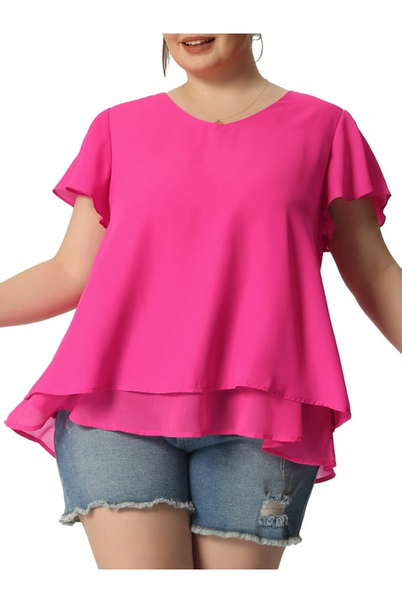 Women's Plus Size St. Patrick's Day Chiffon Top Ruffle Short Sleeves V Neck Double Layered Hem Casual Blouses 1X Hot Pink