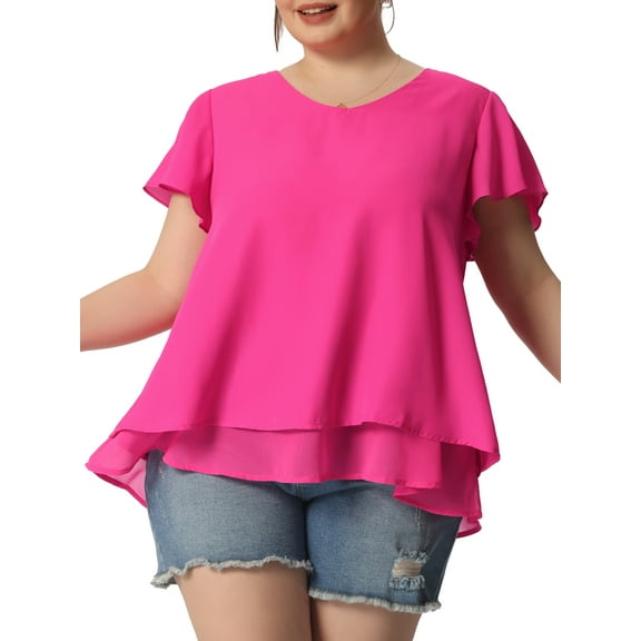 Agnes Orinda Women's Plus Size St. Patrick's Day Chiffon Top Ruffle Short Sleeves V Neck Double Layered Hem Casual Blouses 1X Hot Pink