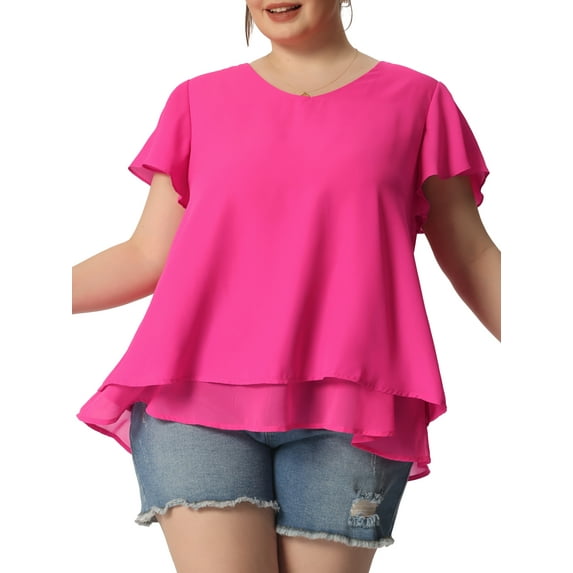 Agnes Orinda Women's Plus Size Chiffon Top Ruffle Short Sleeves V Neck Double Layered Hem Casual Blouses 3X Hot Pink