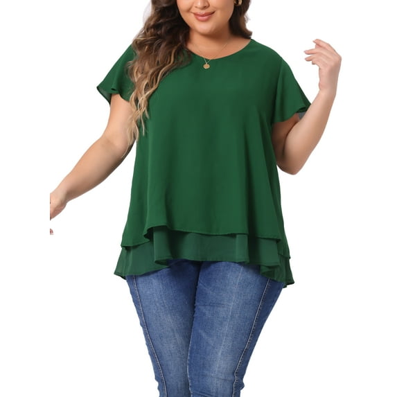 Agnes Orinda Women's Plus Size Mother's Day Chiffon Top Ruffle Short Sleeves V Neck Double Layered Hem Casual Blouses 4X Green