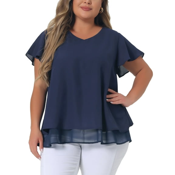 Agnes Orinda Women's Plus Size Chiffon Top Ruffle Short Sleeves V Neck Double Layered Hem Casual Blouses 4X Navy Blue